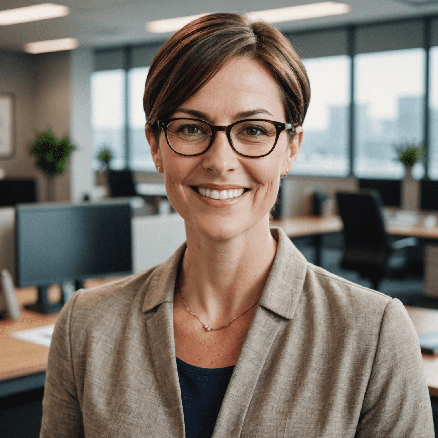 Portrait of Sarah Thompson, a woman in her mid-30s with short brown hair and glasses, smiling confidently in a modern office setting