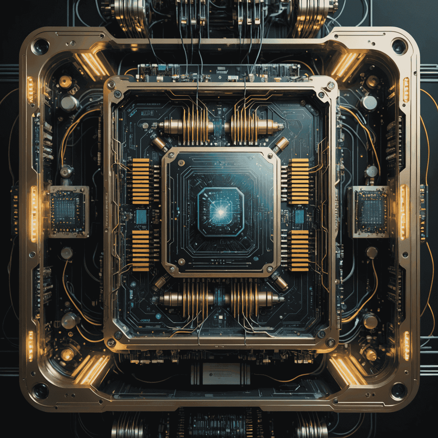 A futuristic representation of a quantum computer with glowing qubits and intricate circuitry, symbolizing the cutting-edge nature of quantum computing technology