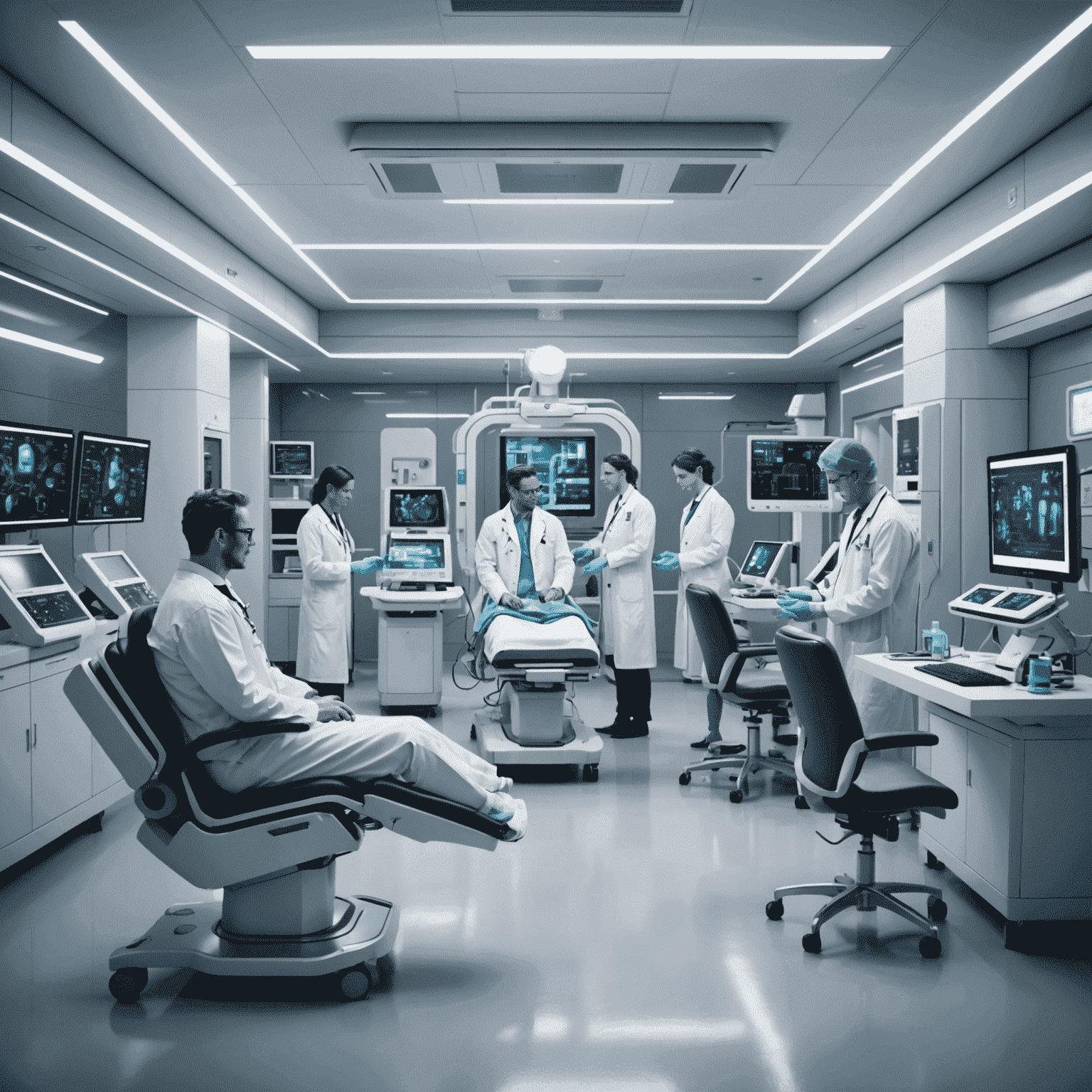 A futuristic medical facility with AI-powered diagnostic equipment and robotic assistants working alongside human doctors