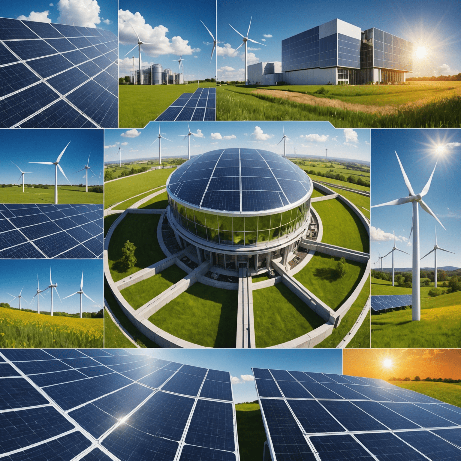 Collage of sustainable energy technologies including fusion reactors and advanced solar panels