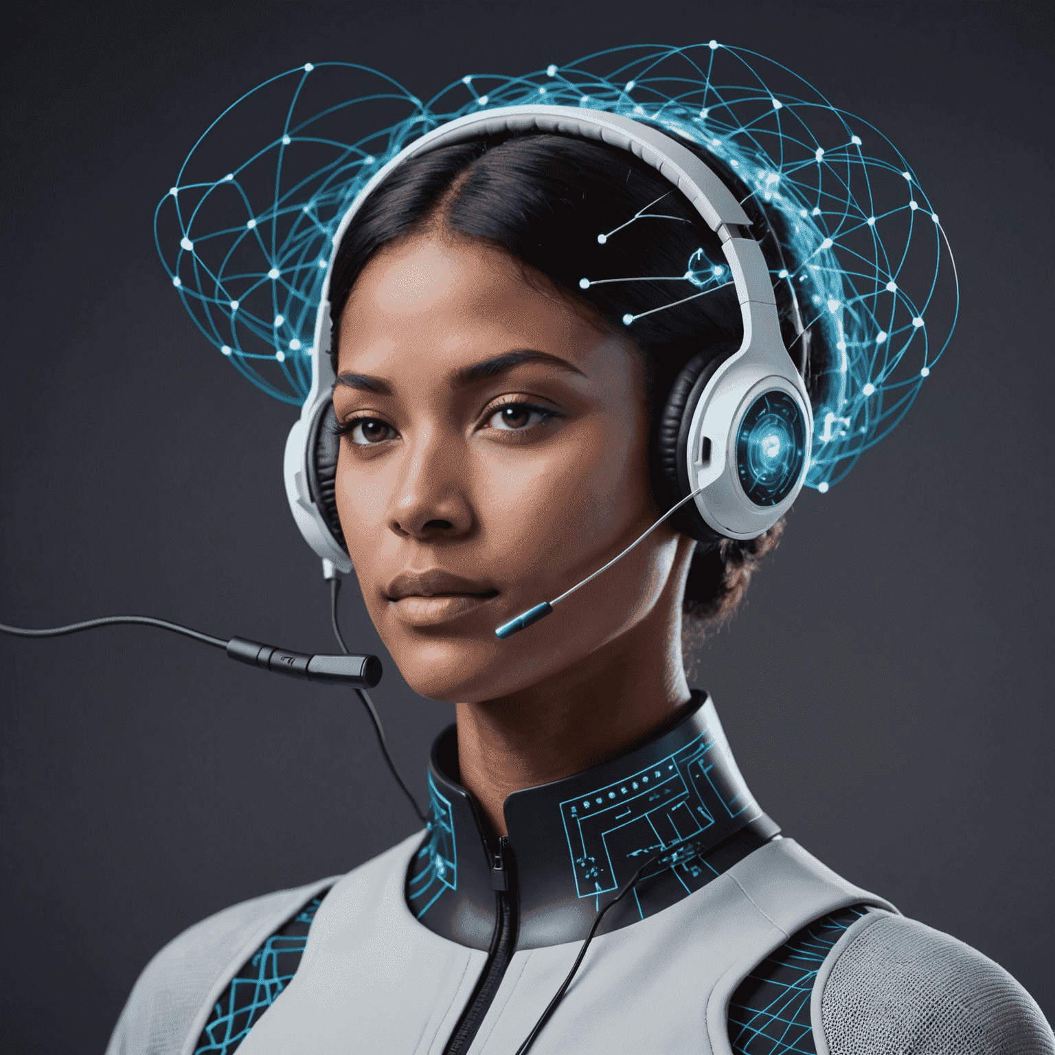 A futuristic image of a person wearing a sleek headset with electrodes, connected to a holographic display showing brain activity and computer interface. The image represents the cutting-edge technology of Brain-Computer Interfaces.