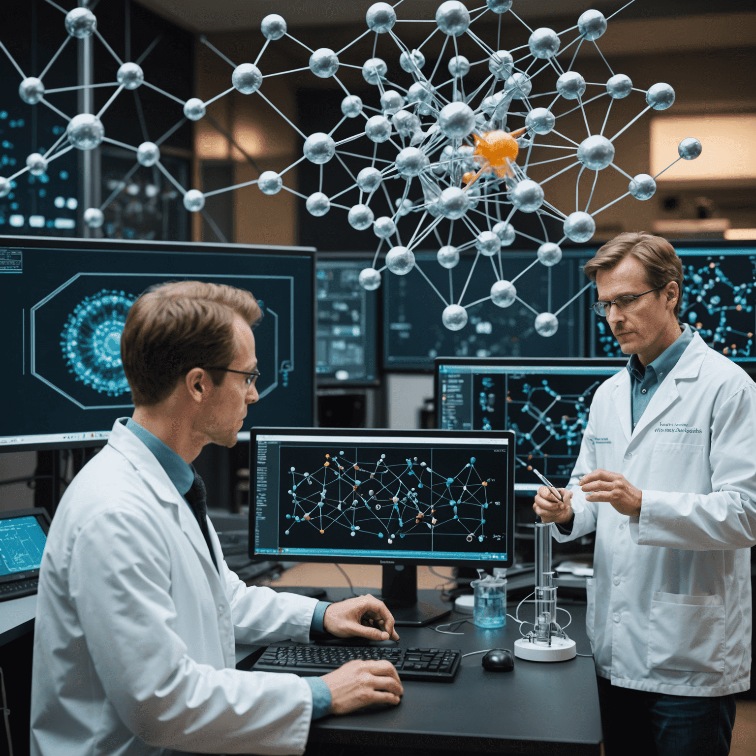 A split-screen image showing a traditional laboratory setup on one side and a quantum computer simulation of molecular structures on the other, illustrating the transition from classical to quantum methods in drug discovery