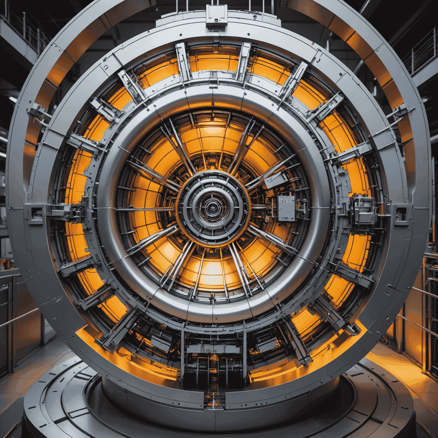 Cutaway diagram of a tokamak fusion reactor with glowing plasma