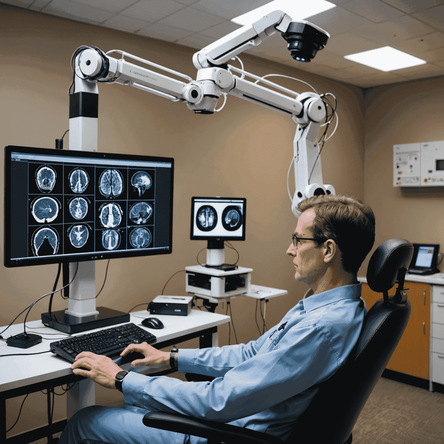 A split-screen image showing a patient using a BCI-controlled robotic arm on one side, and a brain scan with highlighted areas of activity on the other. This image illustrates the medical applications of Brain-Computer Interfaces in restoring mobility and studying brain function.