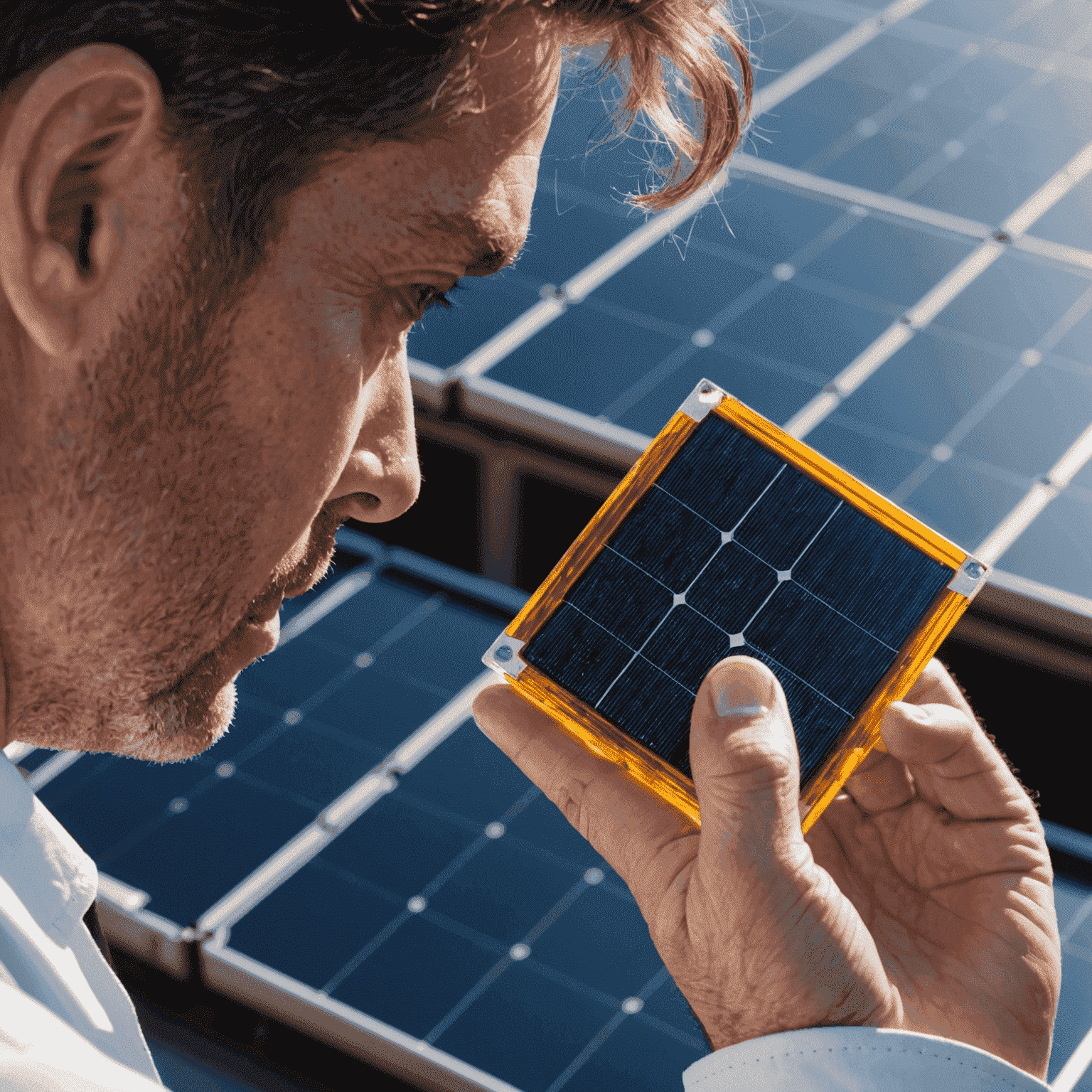 Close-up of a perovskite solar cell with a scientist examining it